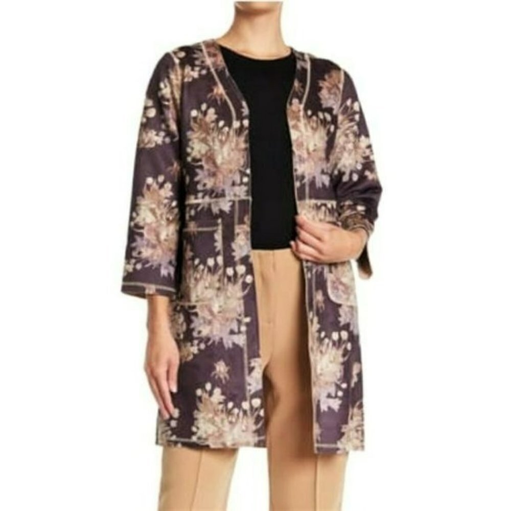 NWT Chelsea & Theodore Floral Print Open Front Faux Suede Jacket